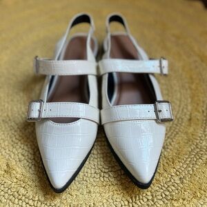 White Croc-Embossed Slingback Flats
